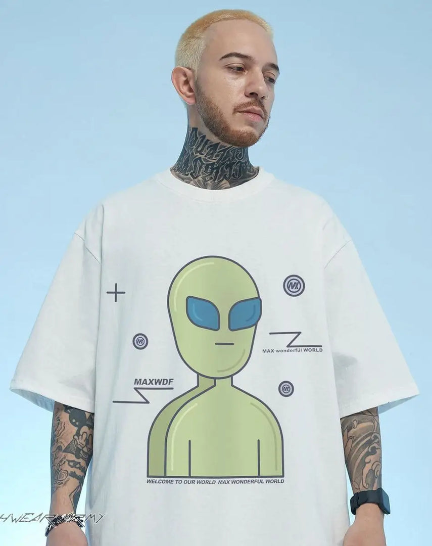 Men’s Oversized Alien Graphic Streetwear Shirt - WHITE