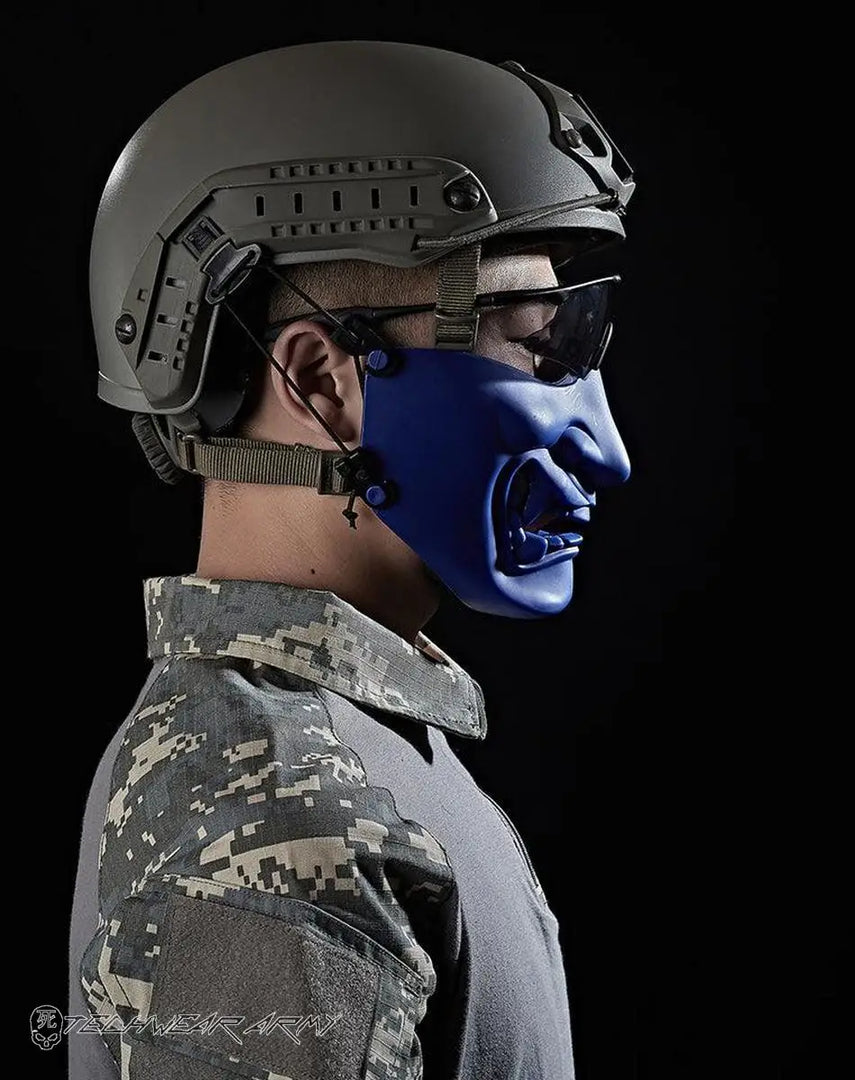 Cyberpunk Tactical Helmet With Blue Mask Techwear - Helmets