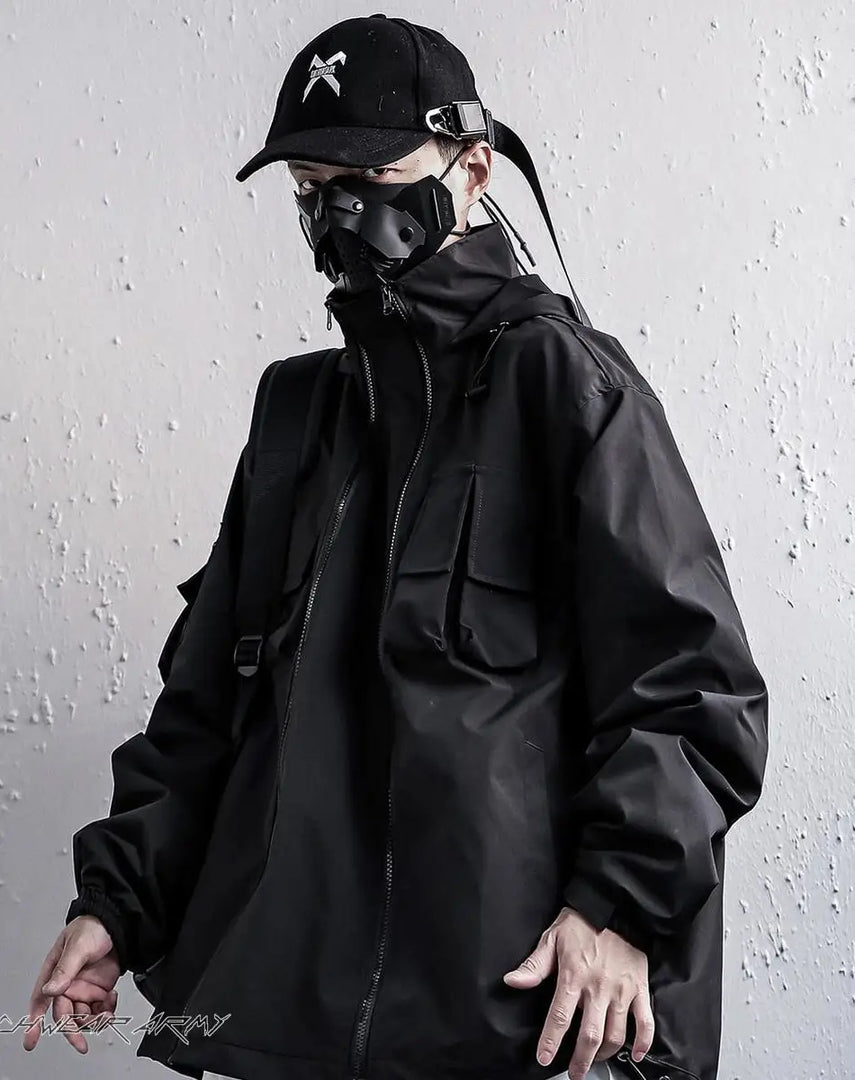 Men’s Black Techwear Streetwear Jacket With Hood