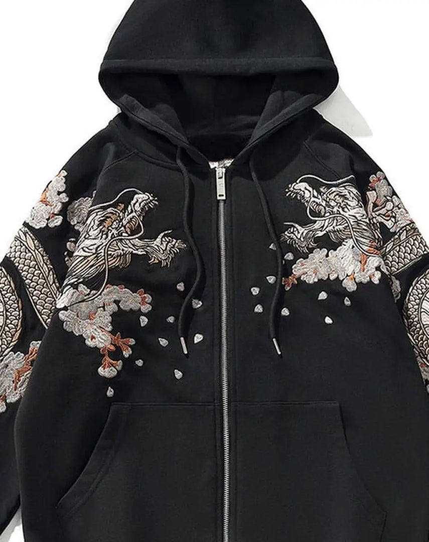 Techwear Harajuku Dragon Embroidered Hoodie - Hoodies Jacket