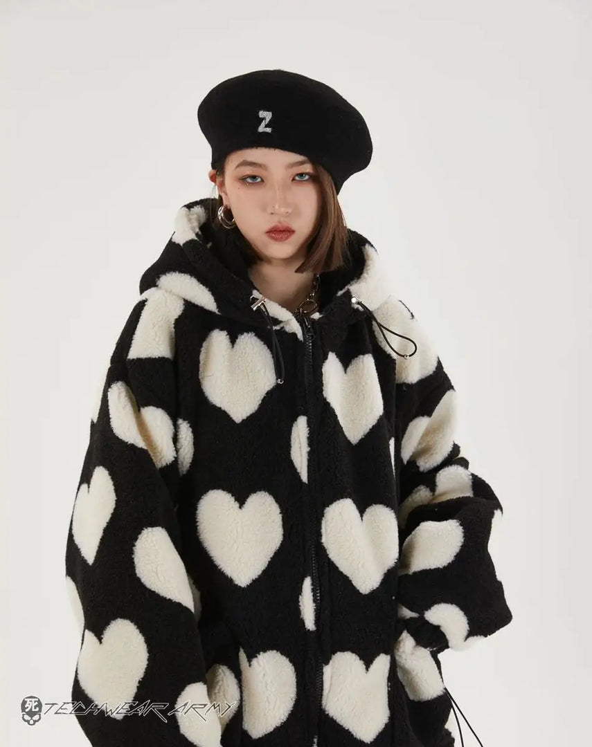 Harajuku Heart Pattern Fleece Streetwear Jacket - Hoodie