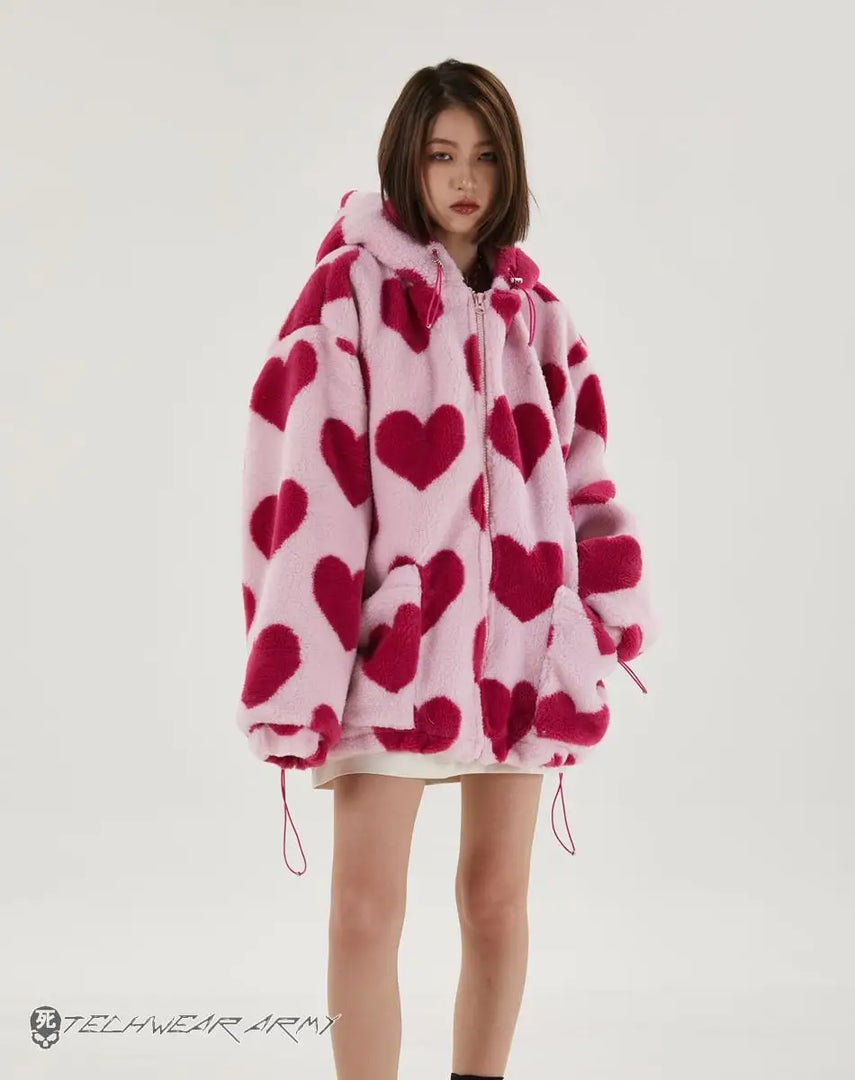 Harajuku Heart Pattern Fleece Streetwear Jacket - Hoodie