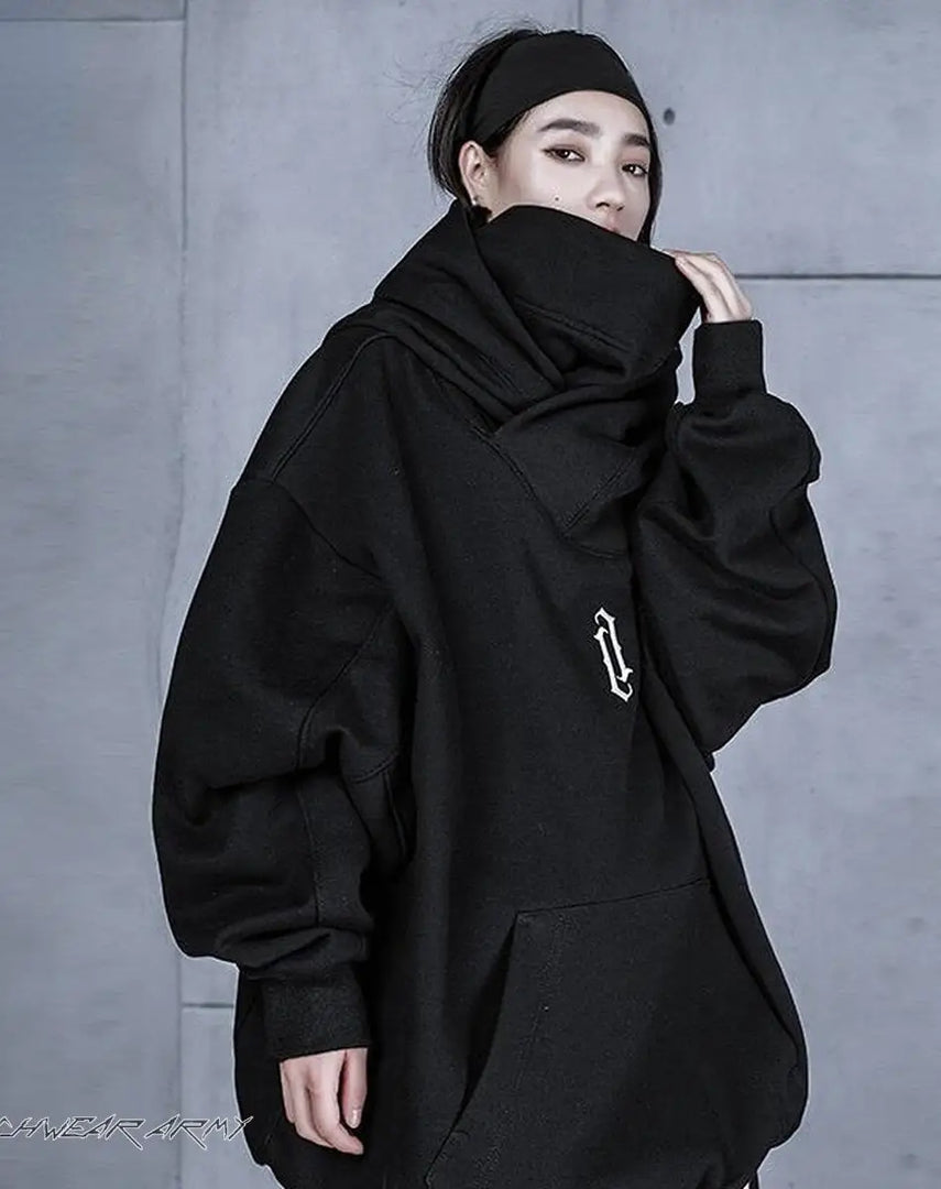 Women’s High Collar Techwear Hoodie Charcoal - BLACK&THIN