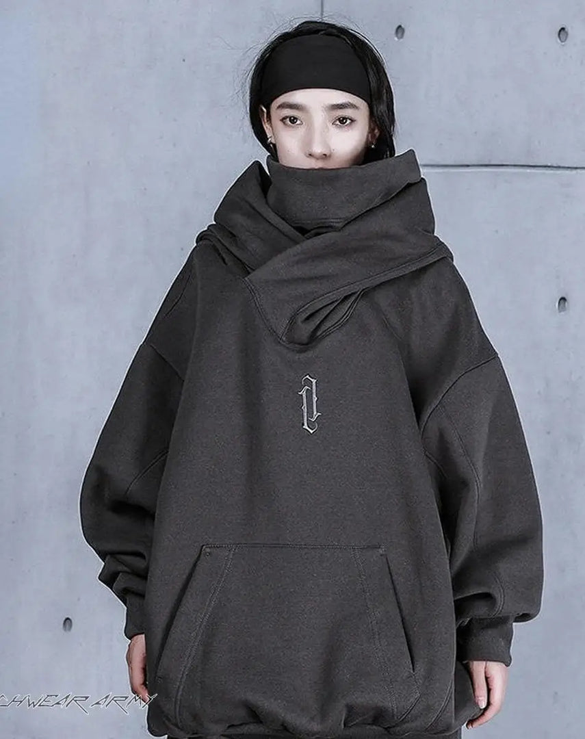Women’s High Collar Techwear Hoodie Charcoal - DARK
