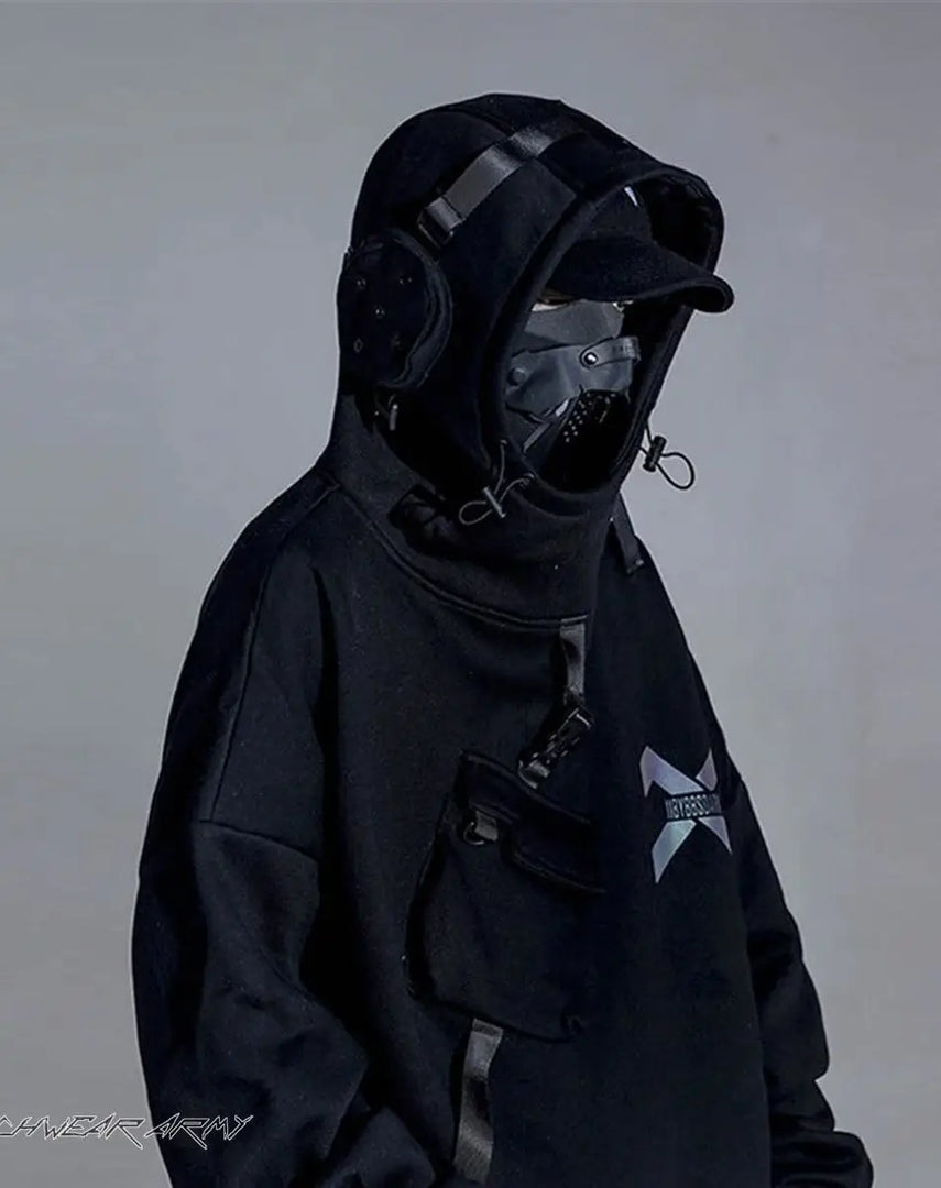 Men’s Black Techwear Hoodie With Tactical Pockets