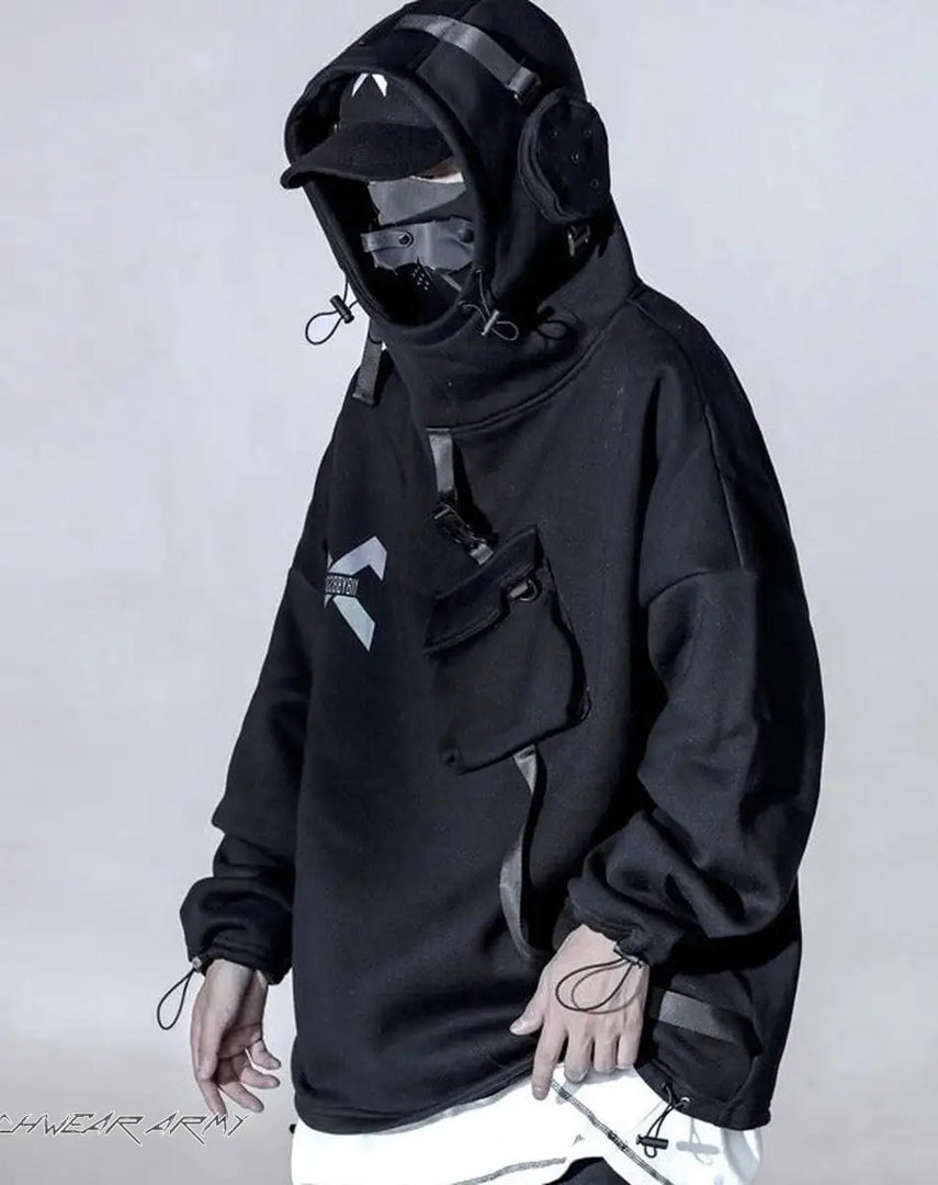 Men’s Black Techwear Hoodie With Tactical Pockets