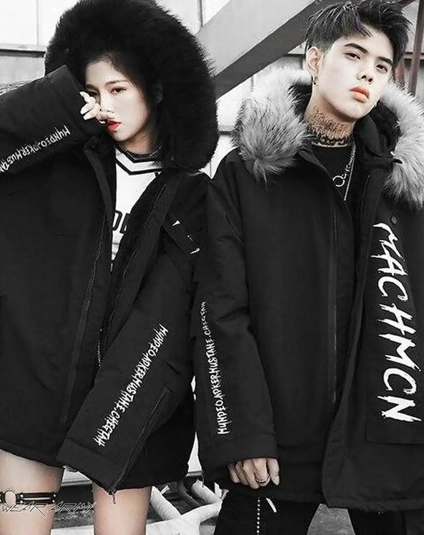 Men’s Black Techwear Streetwear Jacket With Fur Hood