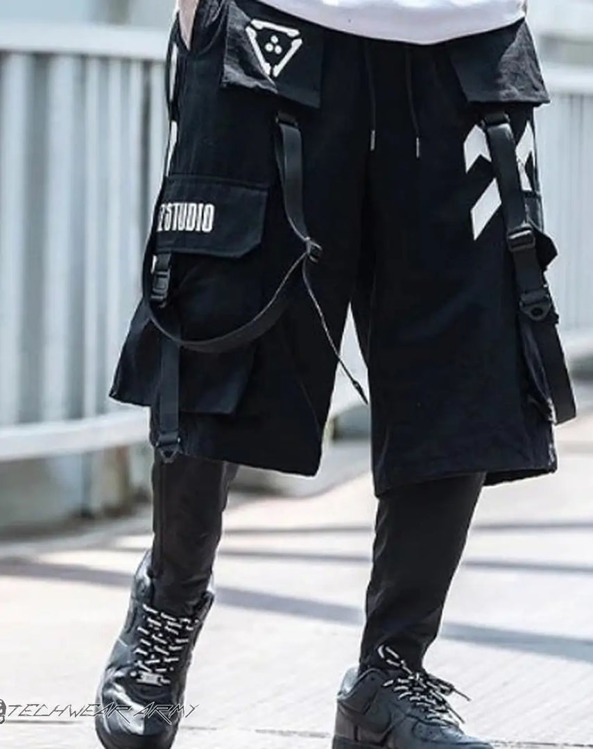 Men’s Black Techwear Cargo Shorts With Straps - Clothing