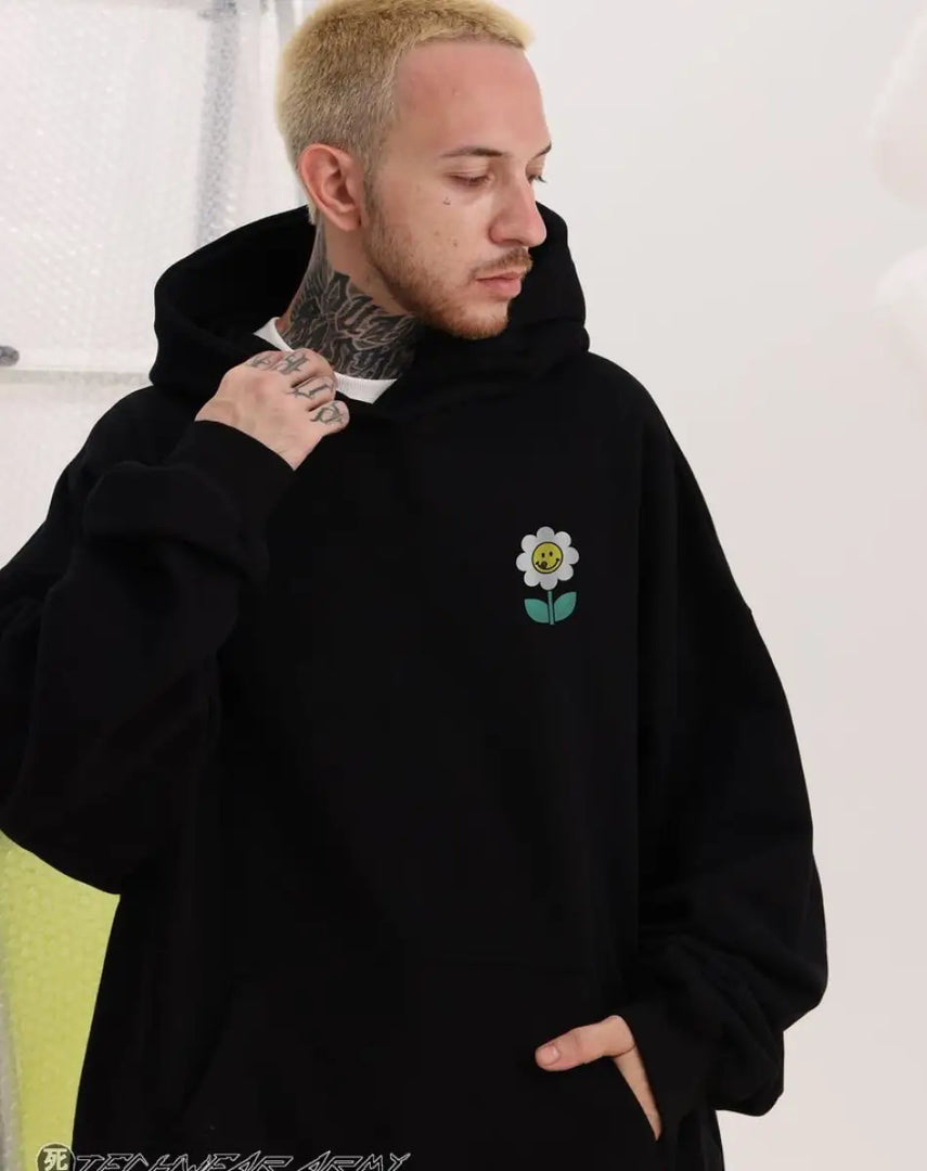 Men’s Oversized Black Hoodie With Flower Graphic - S