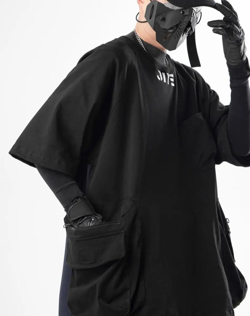Oversized Black Techwear Streetwear Shirt - M Hoodie