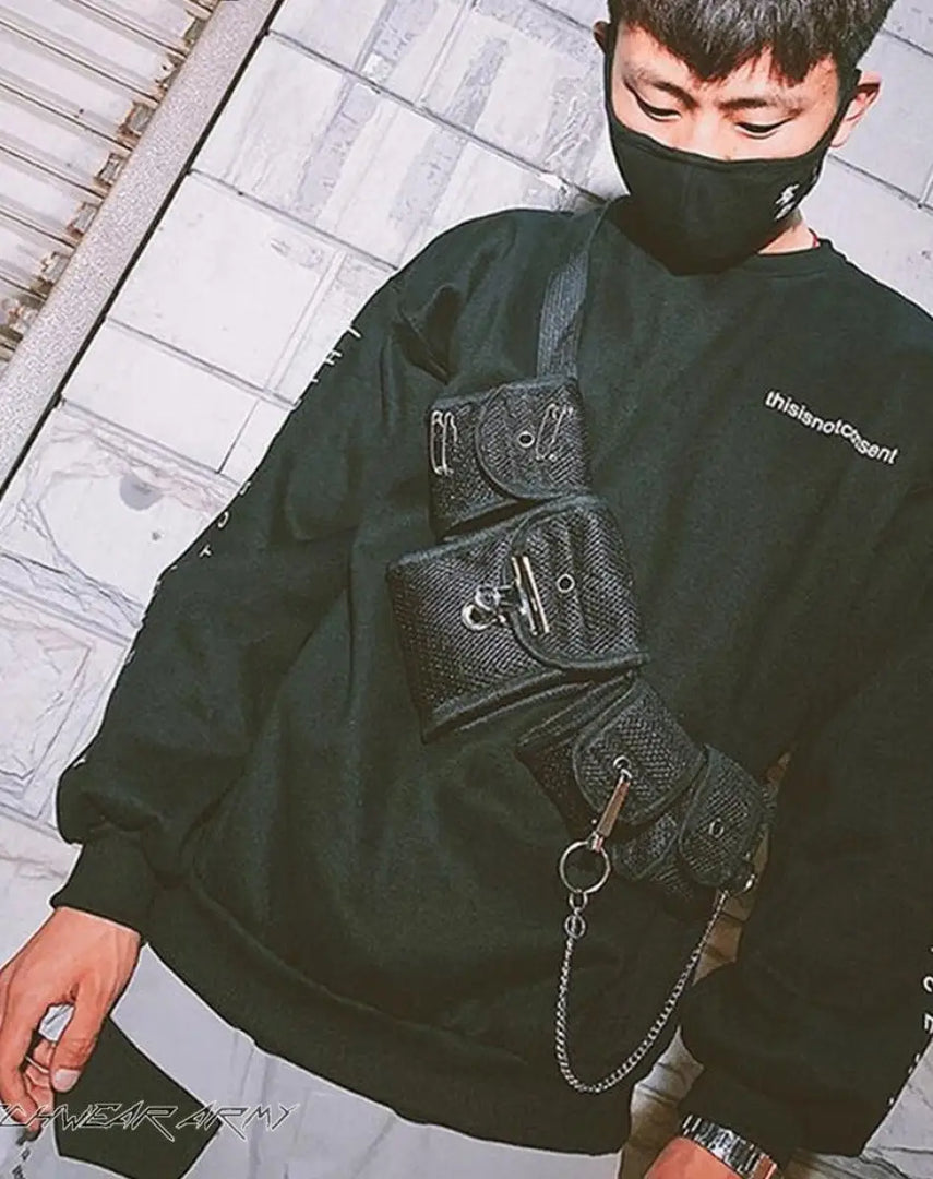 Techwear Streetwear Men’s Black Chest Bag With Straps