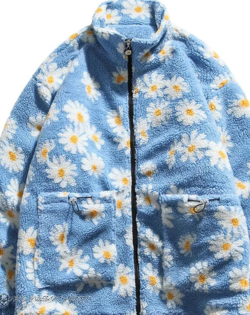 Harajuku Daisy Print Fleece Jacket Streetwear - Hoodie