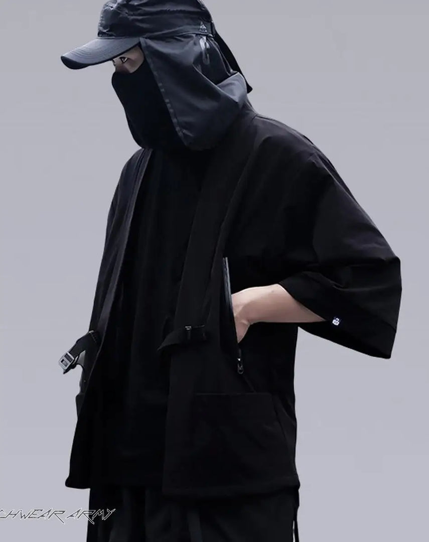 Oversized Black Techwear Streetwear Kimono Shirt - Clothing