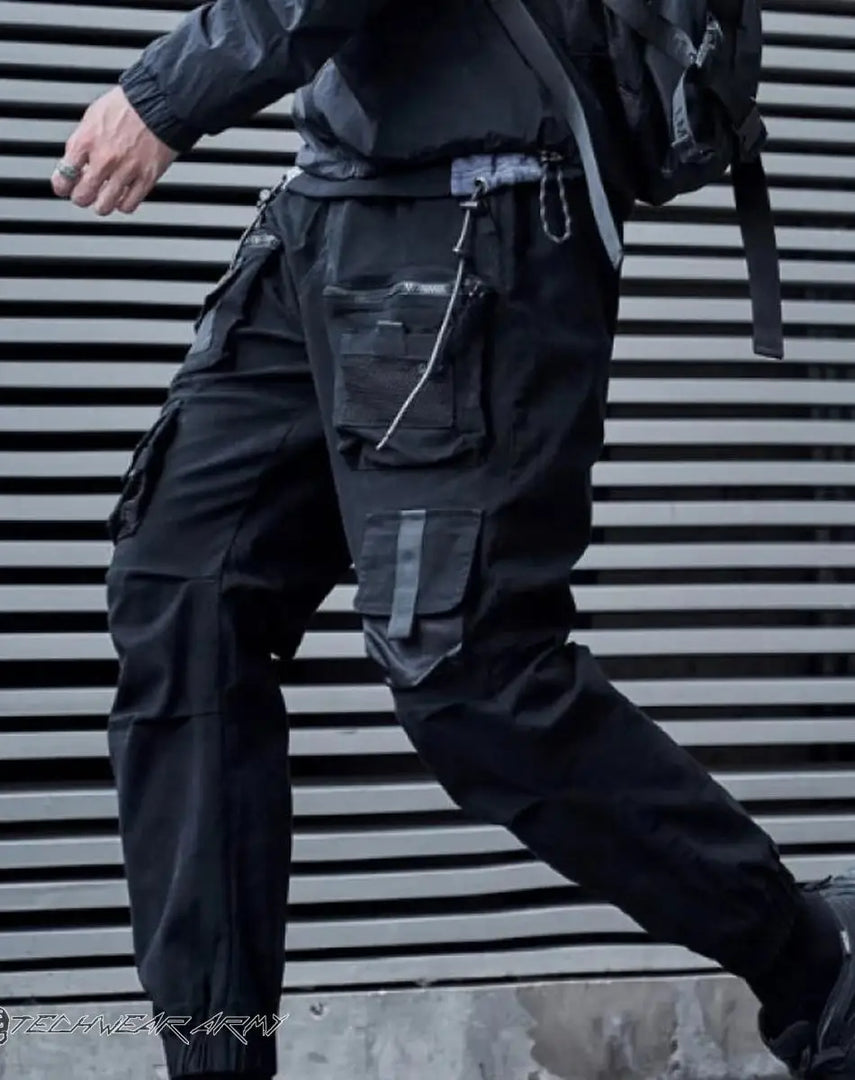 Men’s Black Techwear Cargo Pants With Straps - Clothing