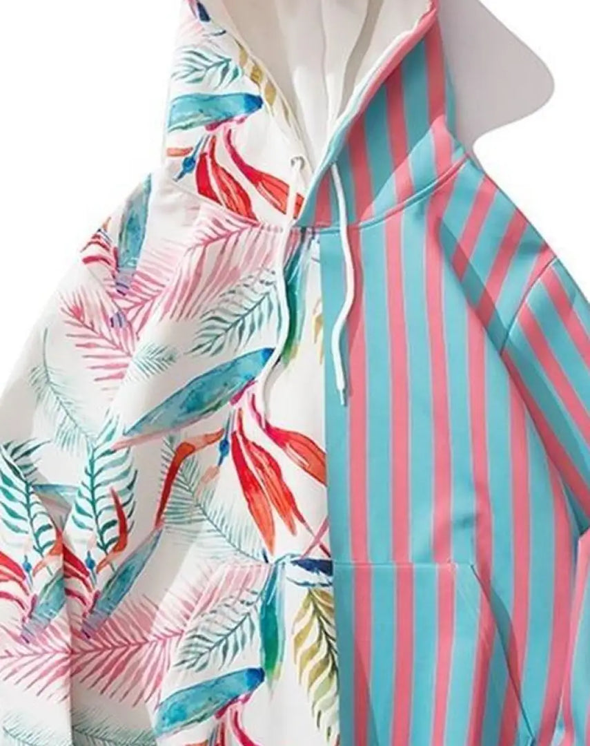 Techwear Tropical Print Striped Hoodie - Clothing Men Shirt
