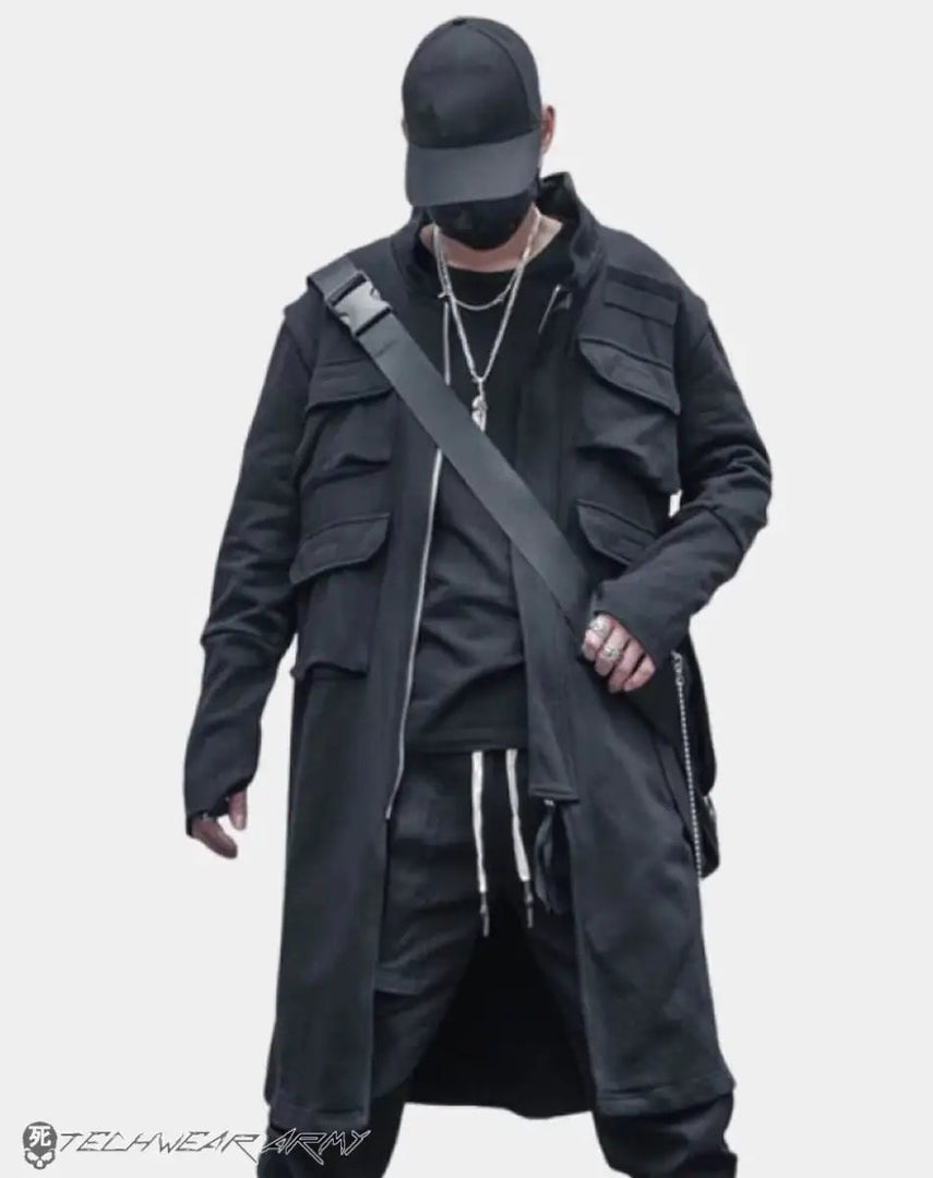 Men’s Black Techwear Streetwear Long Jacket - Clothing