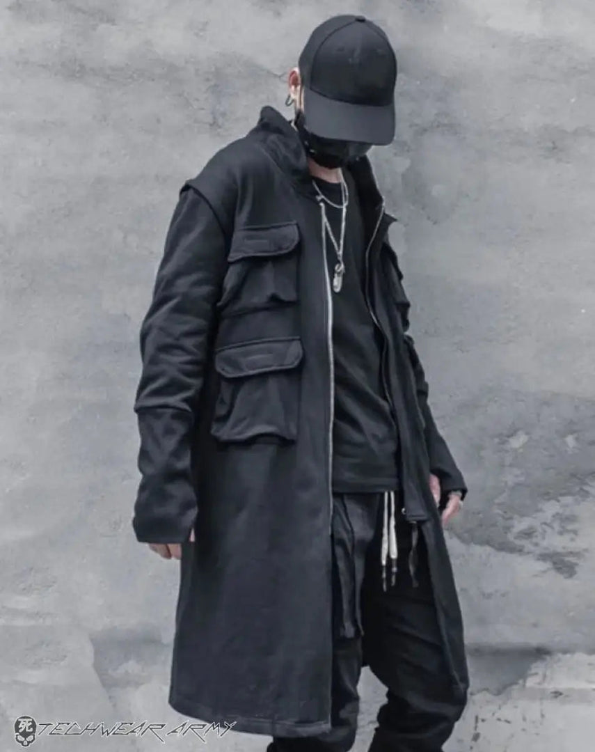 Men’s Black Techwear Streetwear Long Jacket - Clothing