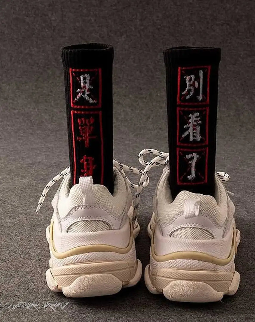Techwear Inspired Chunky Sneakers With Kanji Socks - WHITE