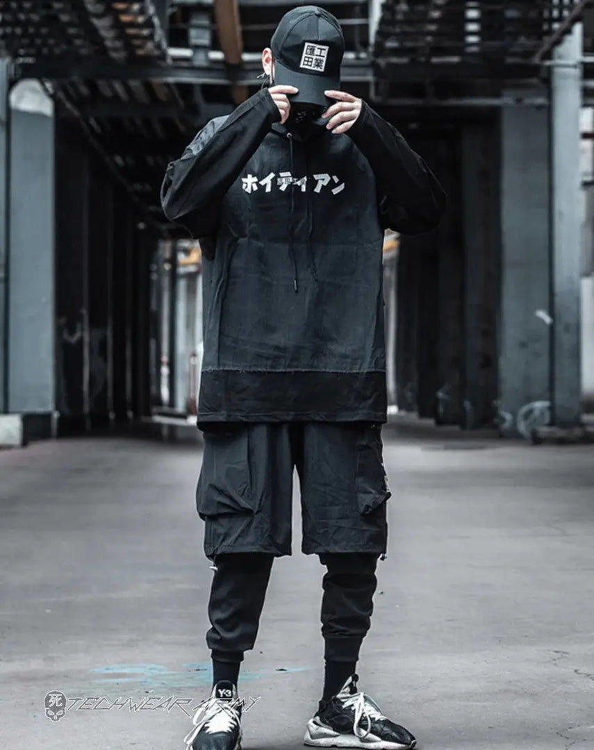 Men’s Black Techwear Hoodie With Japanese Print