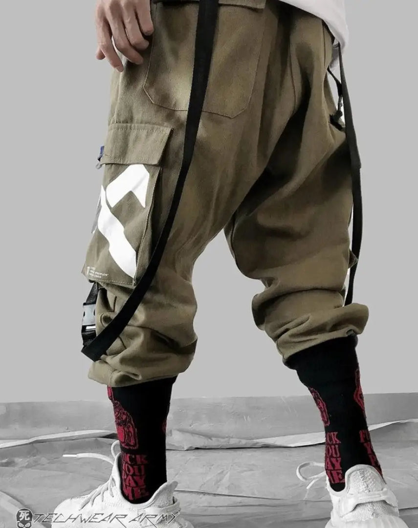 Men’s Black Techwear Cargo Pants With Graphic - Clothing Men