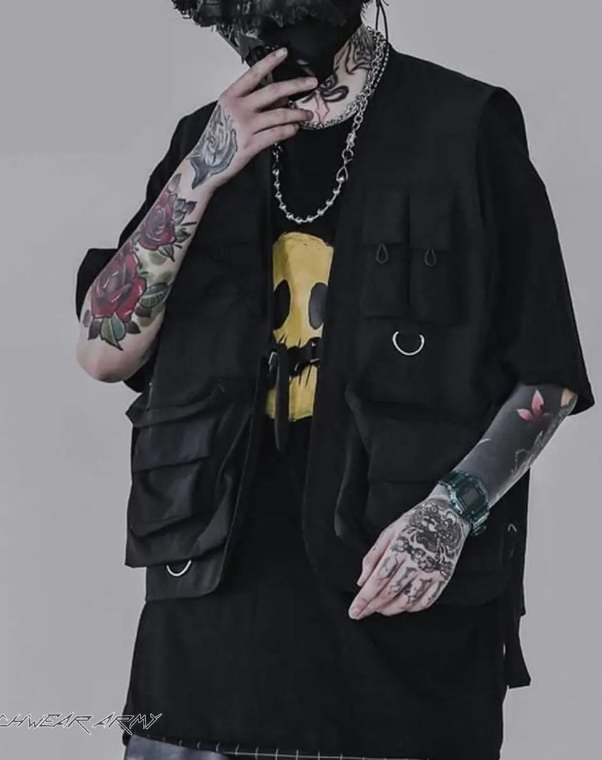 Men’s Black Techwear Streetwear Vest With Buckles