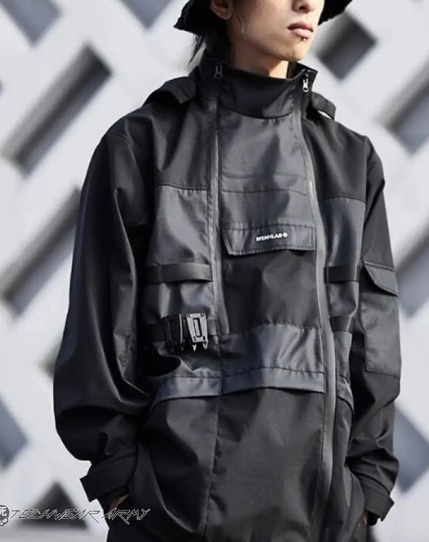 Men’s Black Techwear Hooded Jacket With Pockets